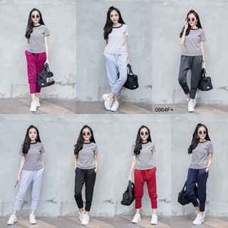 (0964) Set 2 ชิ้น เสื้อแขนสั้นลายริ้ว กางเกงขายาว 4 ส่วน