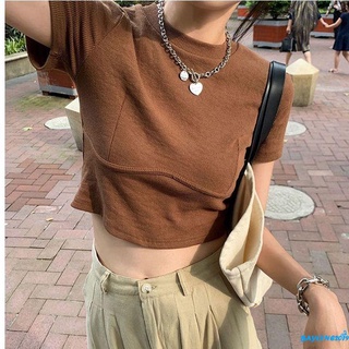 Bay- เสื้อครอปท็อปลําลอง คอกลม แขนสั้น สีพื้น ทรงสลิมฟิต สําหรับผู้หญิง