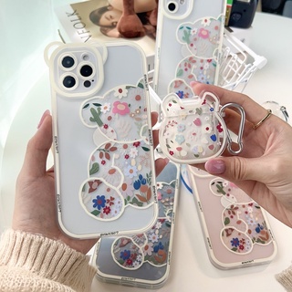 พร้อมส่ง🧸Set Case เคสสำหรับ iPhone case เคสไอโฟน + เคสหูฟัง ขอบกล้องหมีลายหมีดอกไม้ เคสหมี เคสคลุมกล้อง 11-13,13Promax