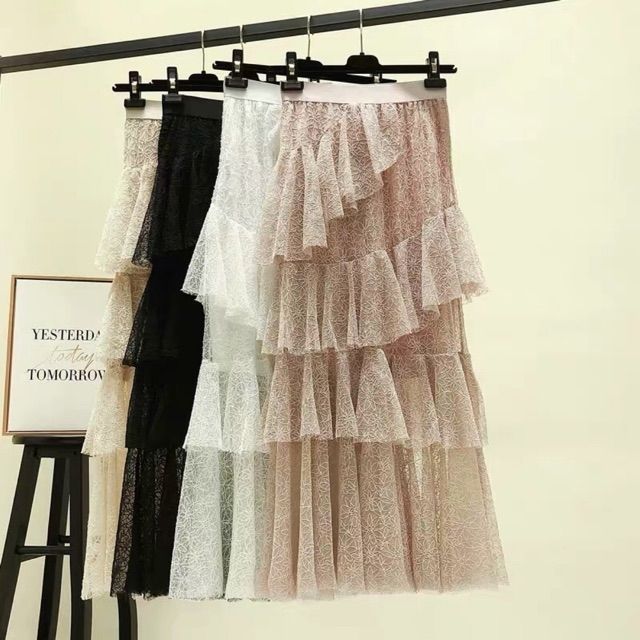 พร้อมส่ง กระโปรงลูกไม้​3ชั้น​ กระโปรง​แฟชั่น​
