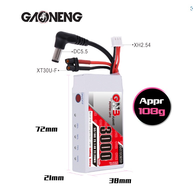 [แบตเตอรี่ 2เซล] GNB 2S 3000mAh 7.4V 5C 10C LiPo Battery for Fat Shark Fatshark , DJI FPV , Skyzone 