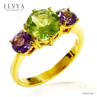 Lenya Jewelry แหวนพลอยเพอริดอต (Peridot) ประดับพลอยอเมทิสต์ จับคู่สีสุดเก๋วางบนตัวเรือนเงินแท้ชุบทอง