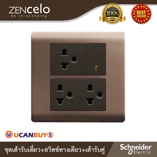 Schneider ชุดเต้ารับเดี่ยว 3ขา 2 ช่อง+สวิตช์ทางเดียว 1ช่อง+เต้ารับคู่ 3ขา 3ช่อง พร้อมฝาครอบขนาด 6ช่อง สีน้ำตาล - ZENcelo