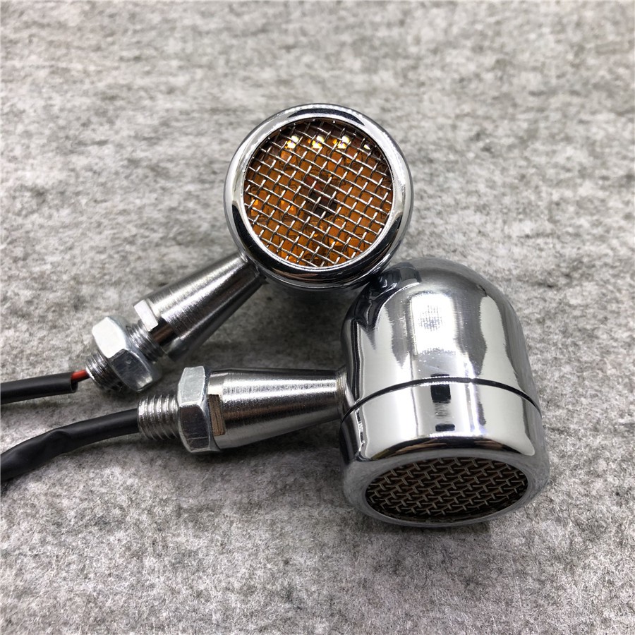 2PCS Universal Chrome LED ไฟเลี้ยวรถจักรยานยนต์โลหะตาข่ายเลนส์ย่างรถมอเตอร์ไซด์ด้านหน้าด้านหลังโคมไฟ Retro Flashers