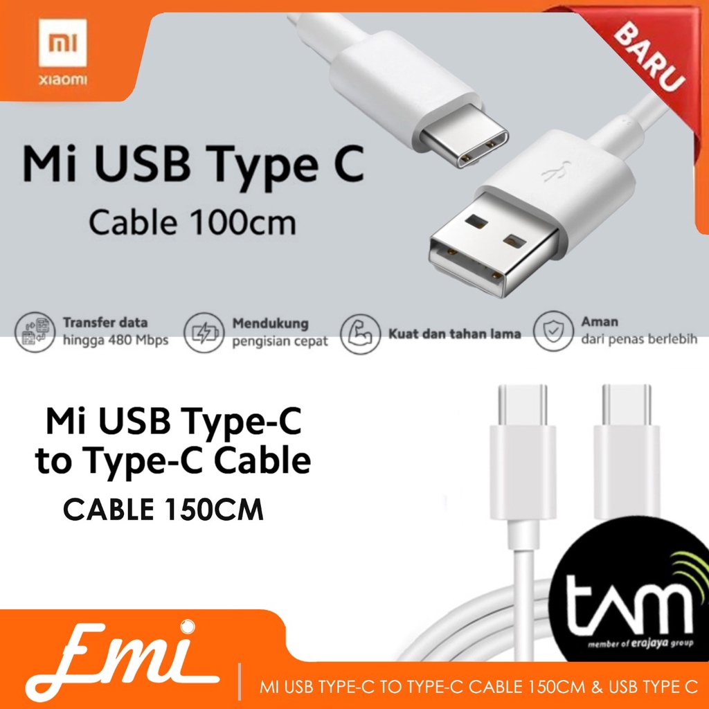 สายเคเบิลข้อมูล Xiaomi Mi USB Type C พอร์ต 3A และสายเคเบิล Type C ถึง Type C 5A