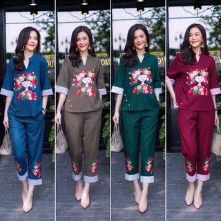 ชุดเซ็ทผ้าลินินเกรดพรีเมี่ยม เนื้อผ้าขึ้นลาย ตัดต่อแต่งแขนและขาด้วยผ้าลายริ้ว