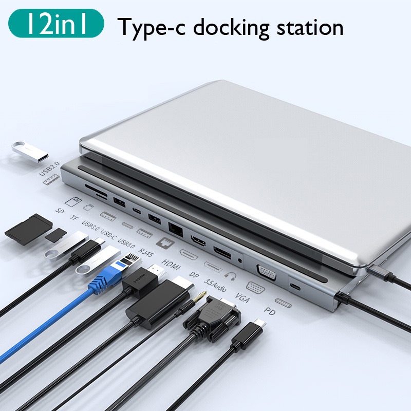 12in1 ฮับ Type-C USB C เป็น HDMI VGA DP 4K RJ45 1000M PD ชาร์จเร็ว USB3.0 TF SD Thunderbolt 3 4 HUB สําหรับแล็ปท็อป โทรศัพท์มือถือ แท็บเล็ต
