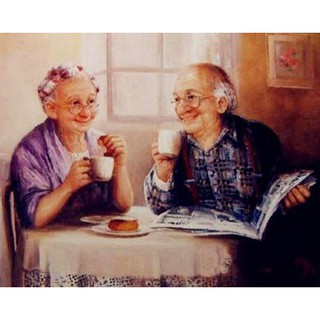 Grandpa &amp; Grandma drink tea ภาพครอสติสคริสตัลแบบติดเต็มแผ่น