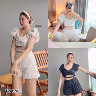 PP15983 set 2 ชิ้น เสื้อแขนตุ๊กตาโบว์อก + กางเกงขาสั้น