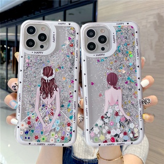 สําหรับ iPhone 14 Plus 14 Pro Max 13 Mini Pretty Girl Patterned Glitter Liquid Bling Quicksand Shiny Clear Soft TPU เคส