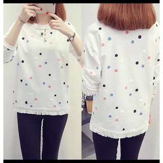CM เสื้อยืดแฟชั่นผู้หญิง ผ้า Cotton100% ลายจุดแต่งชายถัก