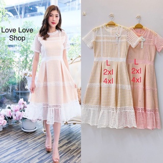 งานบุญ งานบวช!!! L-4XL Mini Dress เดรสสีขาว,เดรสสีชมพูแขนสั้นผ้าถักฉลุลาย งานป้าย Love love