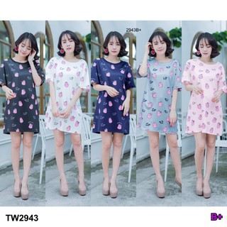 SS2943 dress  มินิเดรสผ้าสกูบ้า พิมพ์ลาย น้องหมาน้องแมวกับบาร์บ้าปาร์ป้า