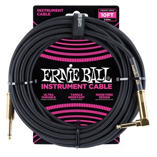 ERNIE BALL® สายแจ็คกีตาร์ แบบไนลอนถัก ยาว 3 เมตร หัวตรง/หัวงอ (10FT Braided, Straight / Angle Instrument Cable / P06081)