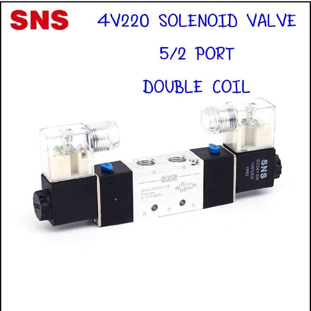 4V220-08 โซลินอยด์วาล์วไฟฟ้าคอยไฟ 2 ด้าน 5/2 ขนาด 2 หุน 1/4 - SNS Pneumatic Solenoid Valve Double Coil 5/2 Port 1/4