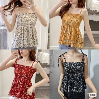 สินค้าพร้อมส่ง เสื้อสายเดี่ยวแบบผูกลายดอกไม้สม็อค รอบอกแฟชั่นสำหรับผู้หญิงDMN35