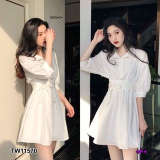 SS11570 Dress เดรส คอปก แขนศอก + สายผูกเอว