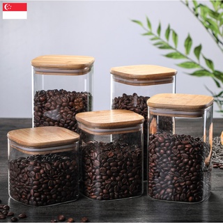Square Shape Glass Coffee Bean Jar Food Storage Container with Bamboo Cover Glass Bottle Cuboid