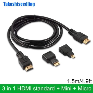 Takashiseedling 3 In 1 Gold Plated Hdmi + Mini + สายเคเบิ้ลอะแดปเตอร์ Micro Hdmi 1 . 5 เมตร 4 . 9 ฟุต