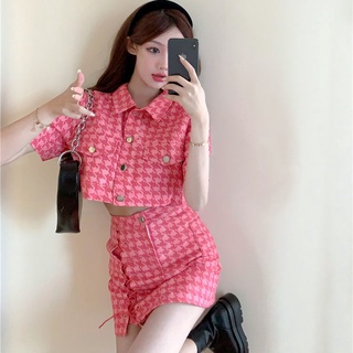 เสื้อผ้าผู้หญิง 👚[Set] เสื้อสั้น Houndstooth สีชมพู + กระโปรงแยก