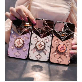 เคสกระจกชุบเพชร ลายใบโคลเวอร์ พร้อมแหวนขาตั้ง สําหรับ OPPO Reno 10 Pro 8t 8 8z 7z 5G 7 6 4G 6z 5 5F 4 4F