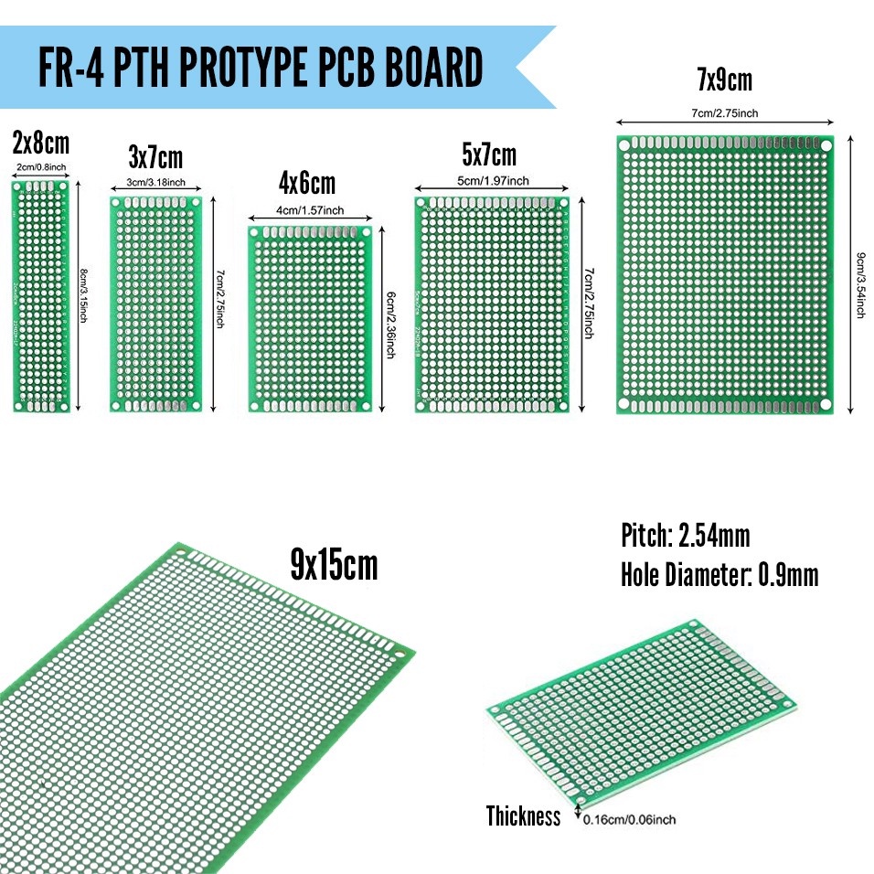 พีซีบี บอร์ด ไข่ปลา แบบ 2 หน้า FR4 PTH (Plated Through Hole Prototype PCB)  ระยะ pitch 2.54mm DIY FR