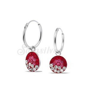 SILVER THAI Silver Round Hoops Earrings with Preciosa Crystal Charms ต่างหูห่วงทรงกลมประดับด้วยเพรชczสีแดงล้อมด้ว