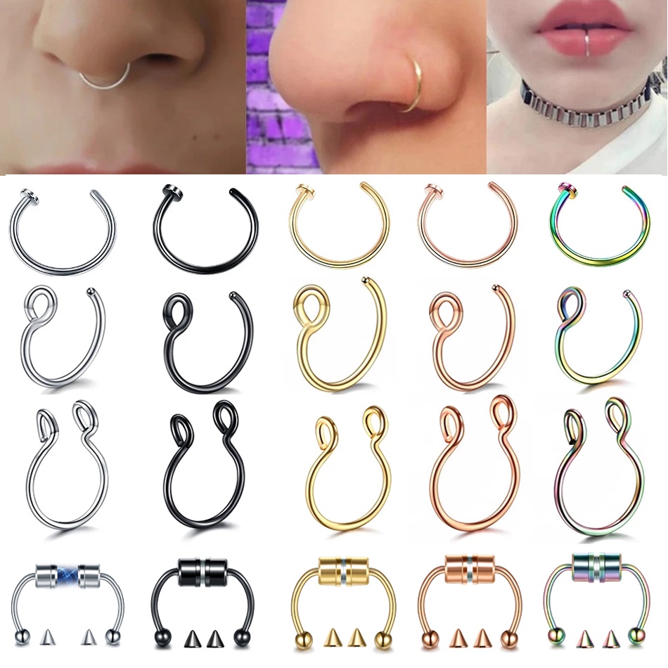 1 ชิ้น สเตนเลส ปลอม จมูก เจาะ แหวน ห่วง Septum แหวน C คลิป ลิป แหวน ต่างหู สําหรับผู้หญิง เครื่องประดับร่างกาย ไม่เจาะ