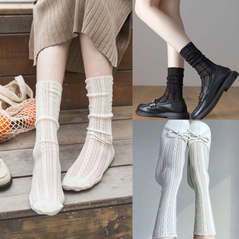 Alia ผู้หญิง Streetwear ญี่ปุ่นน่ารักลูกเรือถุงเท้า Lolita ลูกไม้หวานลาย Jacquard Vintage ยืดฤดูร้อนบางตาข่าย Ho