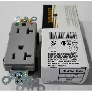 เต้ารับ US ปลั๊ก Leviton 16362-IGG, Hospital Grade, Decora Plus Duplex Receptacle, 20 Amp 125 Volt (Gray)