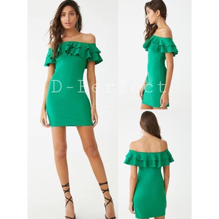 F21  Off-the-Shoulder Flounce Mini Dress  เดรสเปิดไหล่สีเขียว แต่งระบาย เนื้อผ้าเรย่อน ผ้ายืดหยุ่นเข้ารูป