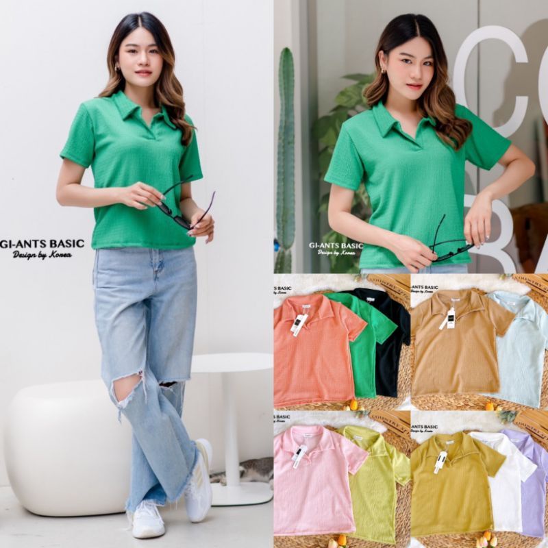 Gi-ants​1️⃣6️⃣0️⃣เสื้อยืดคอปก​ ดีเทลเจาะคอวี ผ้าแฟชั่นสุดน่ารัก งานป้าย