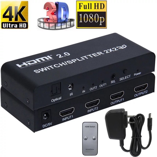 Best saller 4K HDMI Switcher 2X2 HDMI SWITCH Splitter 2X2 2 IN 2 OUT 2 in 2 OUT 2 IN 2 OUT รีโมทคอนโทรล 3D แหล่งจ่ายไฟ hdmi adapter dvi usb สายแปลง cable 4k type c อุปกรณ์แปลง