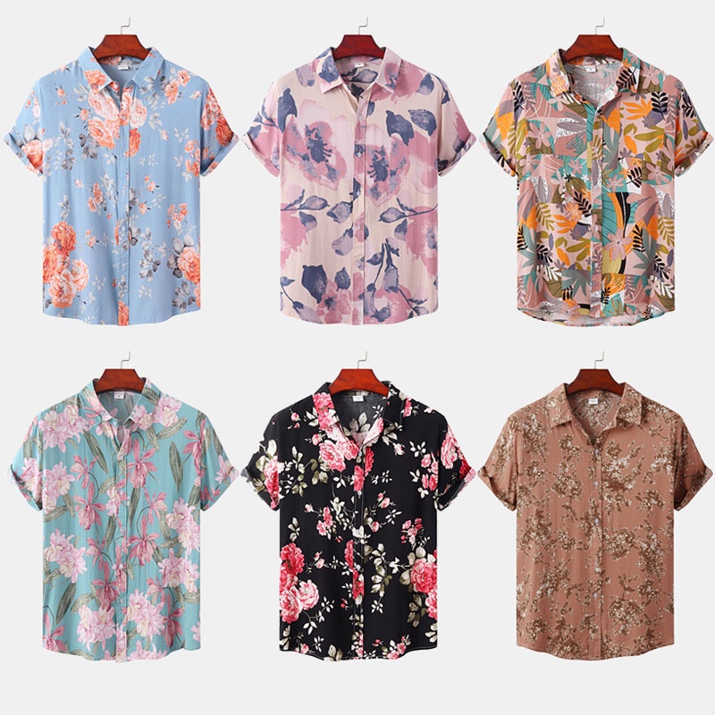 เสื้อเชิ้ตแขนสั้นลําลอง คอปก ทรงหลวม ลายดอกไม้ เหมาะกับเดินชายหาด สไตล์ฮาวาย พลัสไซซ์ สําหรับผู้ชาย 2022