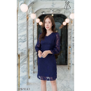 Dress World : size S เดรสสั้น แขนยาว จั๊มแขน ฉลุลายดอก กรม #S609