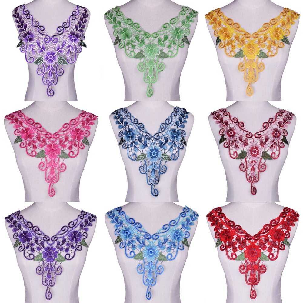 Craft Blue สีม่วงสีเขียวดอกไม้ปัก Applique Trim ตกแต่งลูกไม้ Neckline Collar อุปกรณ์เย็บผ้า