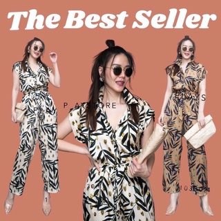 MiRRoRSiSTER’s Xanadu Print Satin Silk Jumpsuit #10330.4 ชุดจั้มสูท จั้มสูทลายใบไม้ ชุดกางเกง จั้มสูทคอปก ชุดไปงาน