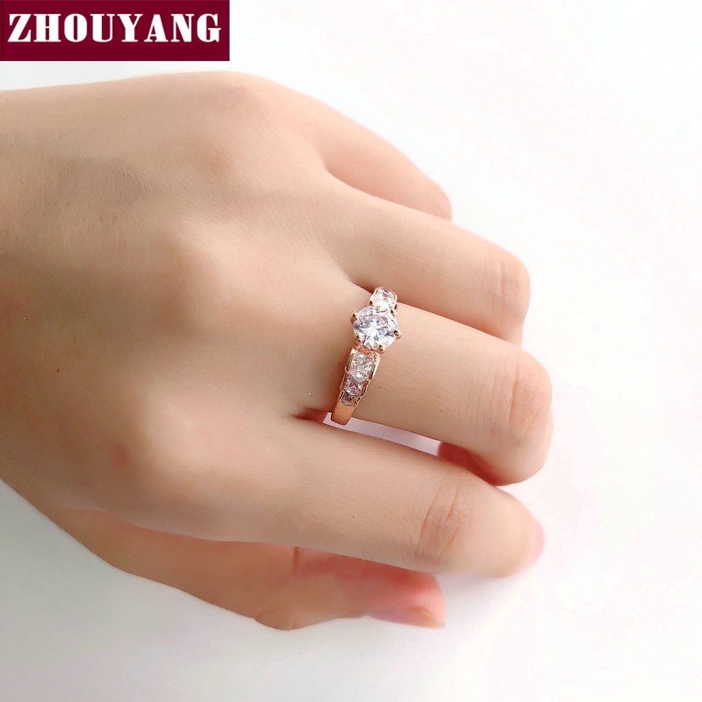 ZHOUYANG แหวนแต่งงานสำหรับผู้หญิง Rose G Old สีหกกรงเล็บ Cubic Z Irconia รอบตัดหมั้นพรรคของขวัญเครื่องประดับแฟชั่น R680