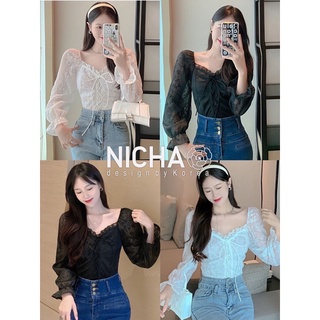 NICHA online 🛒💟 ครอปแขนยาว สานอก ผ้าแก้วลายลูกไม้ มีสม็อคหลัง เสริมฟองน้ำ 🌈🍒🦋