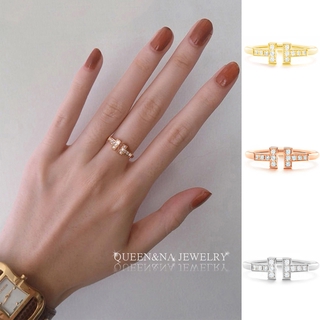 ราคาแหวนรูปตัว T คู่แฟชั่นสไตล์เกาหลีฝังด้วยแหวนเพทายสีทองสำหรับสุภาพสตรี