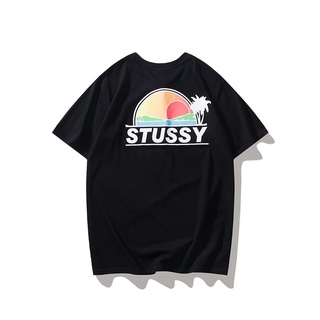 STUSSY เสื้อยืดแขนสั้น ผ้าฝ้าย พิมพ์ลายต้นมะพร้าว แฟชั่นฤดูร้อน สําหรับผู้ชาย และผู้หญิงยืด.สบาย.รัก