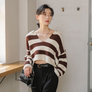 เสื้อครอปแขนยาวคอปกสีน้ำตาล พร้อมส่ง