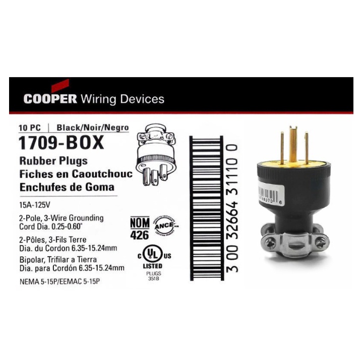 Cooper Plug Thermo Rubber 15A 125V 2P3W STR BK- 1709B0X