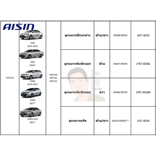 ชุดลูกหมาก AISIN : Toyota Vios 2013-2016, Vioss 2016-, Yaris 2014-2017, Yaris 2017-, Yaros ATIV 2017-