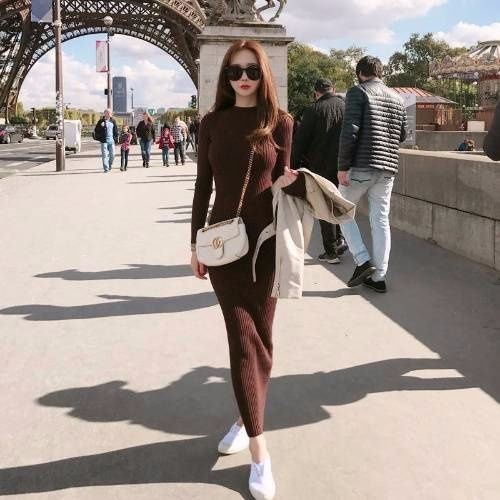 ชุดเดรสแขนยาวชุดเดรส Slimmer ดูชุดสไตล ์ เกาหลีชุดถักชุดชิ ้ นเดียวฤดูใบไม ้ ผลิฤดูใบไม ้ ร ่ วงรุ ่ นสไตล ์ ใหม ่ เสื ้ อกันหนาวยาวพิเศษ Over-the-Kne