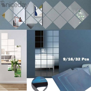 #NICEDAY-Mirror Stickers Glass Mosaic Set Silver Square Tiles Toilet Wall 16Pcs