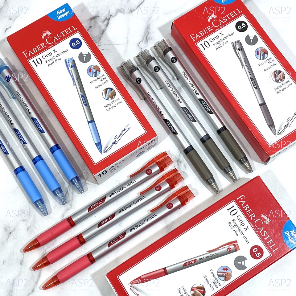 [แพ็ค 3ด้าม/ยกกล่อง 10ด้าม] ปากกาลูกลื่น 0.5 มม. Faber Castell รุ่น Grip X ปากกาแบบกด ปากกา สีน้ำเงิน/แดง/ดำ
