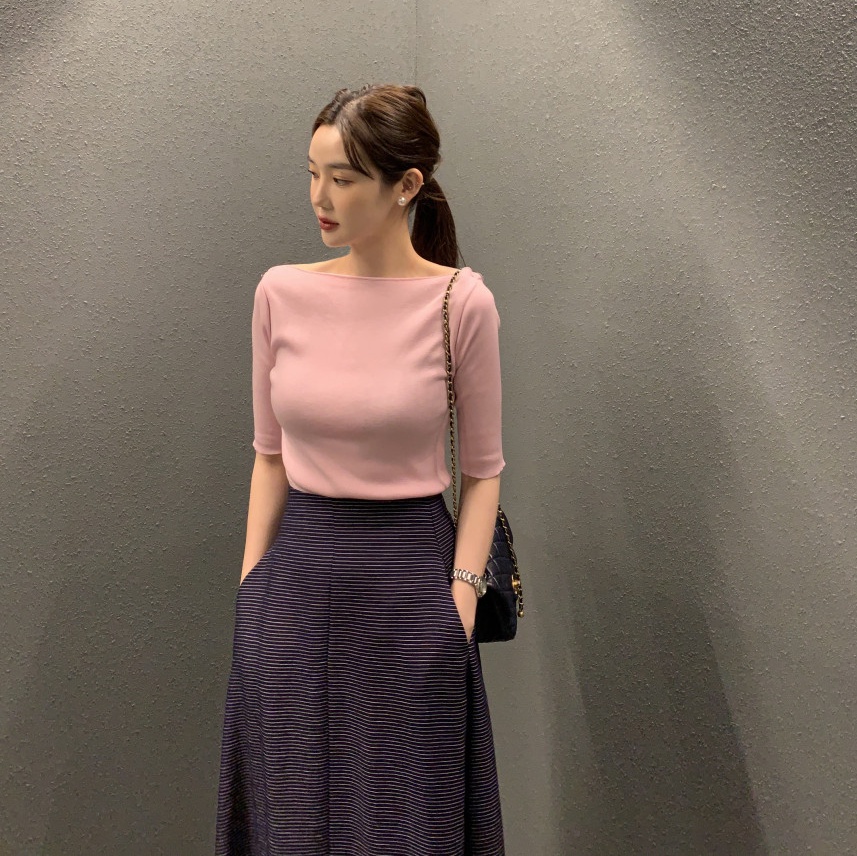 51751 เสื้อถักนิตติ้ง เข้ารูป สีพื้น
