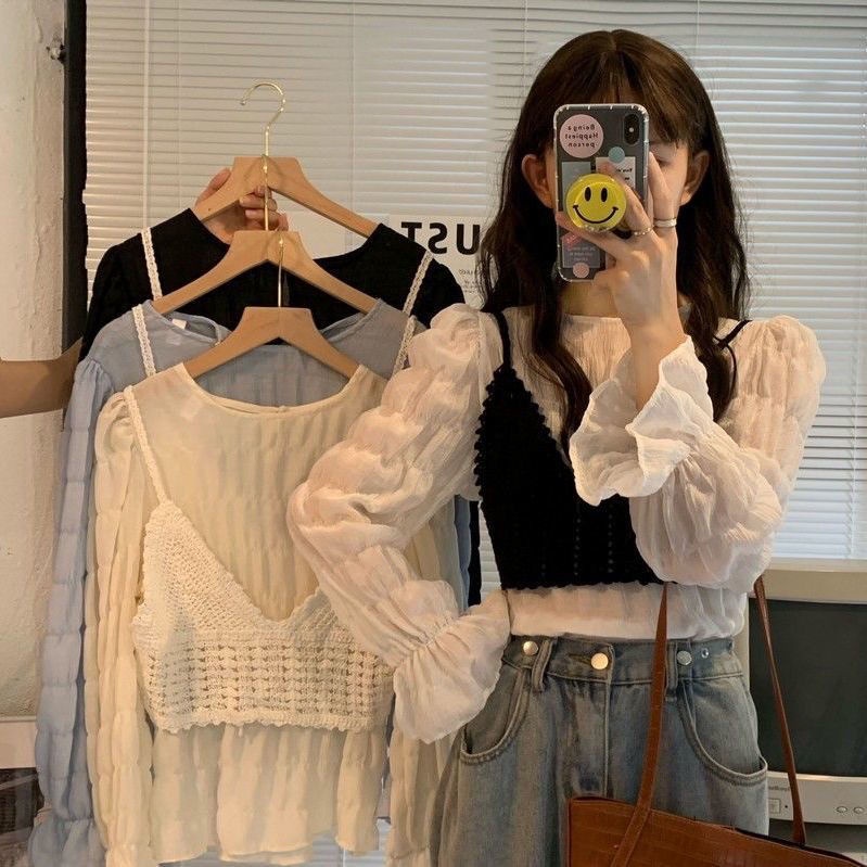 ใหม่ เสื้อท็อปแขนทรัมเป็ต ผ้าชีฟองถัก จับจีบ เข้ากับทุกการแต่งกาย แฟชั่นฤดูใบไม้ร่วง 2022