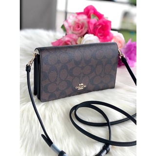 (ผ่อน0%) กระเป๋าสะพายข้าง #coach 3036 Anna Foldover Crossbody Clutch In Signature ลายซี สีน้ำตาลเข้ม 8 นิ้ว